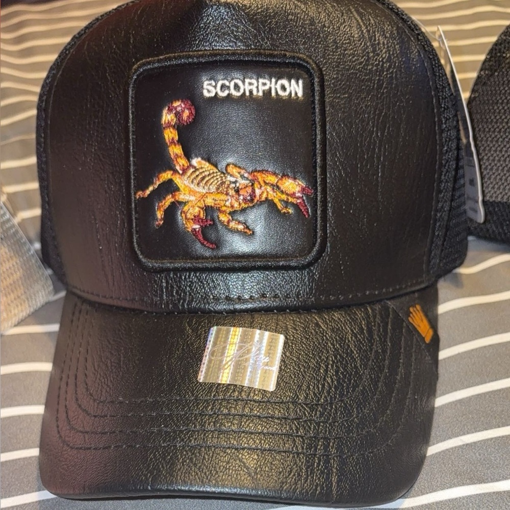 Black Leather Cap with Scorpion Patch